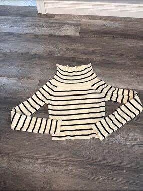 Freshman 1996 Striped Ruffle Mock-Neck Long Sleeve Top - Cream and Black Cropped